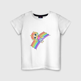 Детская футболка хлопок с принтом Единорожка на радуге в Тюмени, 100% хлопок | круглый вырез горловины, полуприлегающий силуэт, длина до линии бедер | rainbow | unicorn | единорог | единорожка | радуга | яркая радуга | яркий принт