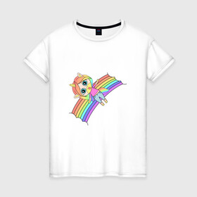 Женская футболка хлопок с принтом Единорожка на радуге в Тюмени, 100% хлопок | прямой крой, круглый вырез горловины, длина до линии бедер, слегка спущенное плечо | rainbow | unicorn | единорог | единорожка | радуга | яркая радуга | яркий принт