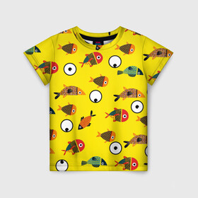 Детская футболка 3D с принтом Рыбки на жёлтом в Тюмени, 100% гипоаллергенный полиэфир | прямой крой, круглый вырез горловины, длина до линии бедер, чуть спущенное плечо, ткань немного тянется | лето | морские жители | подводный мир | популярные иллюстрации | рыбки на жёлтом | рыбы | цветные рыбки