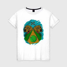 Женская футболка хлопок с принтом Мяч судьбы в Тюмени, 100% хлопок | прямой крой, круглый вырез горловины, длина до линии бедер, слегка спущенное плечо | dog | друг человека | мячик | пёс | собаки