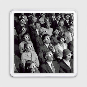 Магнит 55*55 с принтом Люди смотрят фильм в 3d очках в Тюмени, Пластик | Размер: 65*65 мм; Размер печати: 55*55 мм | 20 век | 3д очки | art | black white | cinema | color | emotions | history | human | jacket | man | movie | nostalgia | retro | woman | женщина | искусство | история | кино | кинотеатр | классика | мужчина | ностальгия | пиджак | р