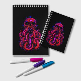 Блокнот с принтом Череп Осьминог Octopus Skull в Тюмени, 100% бумага | 48 листов, плотность листов — 60 г/м2, плотность картонной обложки — 250 г/м2. Листы скреплены удобной пружинной спиралью. Цвет линий — светло-серый
 | animal | beast | kraken | monster | ocean | octopus | sea | skull | water | waves | вода | животные | звери | кракен | монстр | море | океан | осьминог | рыбы | череп | щупальца
