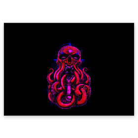 Поздравительная открытка с принтом Череп Осьминог Octopus Skull в Тюмени, 100% бумага | плотность бумаги 280 г/м2, матовая, на обратной стороне линовка и место для марки
 | Тематика изображения на принте: animal | beast | kraken | monster | ocean | octopus | sea | skull | water | waves | вода | животные | звери | кракен | монстр | море | океан | осьминог | рыбы | череп | щупальца