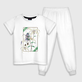 Детская пижама хлопок с принтом Венти и Сессилии в Тюмени, 100% хлопок |  брюки и футболка прямого кроя, без карманов, на брюках мягкая резинка на поясе и по низу штанин
 | арт | архонт ветра | барбатос | белая лилия | белые лилии | белые цветы | белый цветок | бог ветра | венти | дух ветра | лилии | лилия | милый парень | рисунок | сессилия