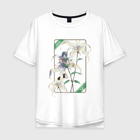 Мужская футболка хлопок Oversize с принтом Венти и Сессилии в Тюмени, 100% хлопок | свободный крой, круглый ворот, “спинка” длиннее передней части | арт | архонт ветра | барбатос | белая лилия | белые лилии | белые цветы | белый цветок | бог ветра | венти | дух ветра | лилии | лилия | милый парень | рисунок | сессилия