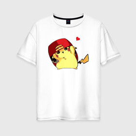 Женская футболка хлопок Oversize с принтом Пикачу под бейсболкой в Тюмени, 100% хлопок | свободный крой, круглый ворот, спущенный рукав, длина до линии бедер
 | anime | picachu | pikachu | аниме | милый | пика | пикачу | покебол | покемон