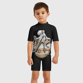 Детский купальный костюм 3D с принтом Planetary Octopus в Тюмени, Полиэстер 85%, Спандекс 15% | застежка на молнии на спине | galaxy | jupiter | octopus | planet | space | stars | stellar | sun | system | галактика | звездная | звезды | космос | осьминог | планета | система | солнце | юпитер