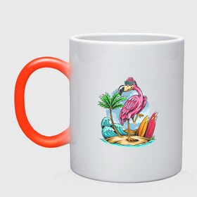 Кружка хамелеон с принтом Отдыхаю как фламинго в Тюмени, керамика | меняет цвет при нагревании, емкость 330 мл | море | океан | отдых | отпуск | пальмы | путешествие | серфинг | фламинго