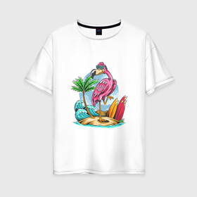Женская футболка хлопок Oversize с принтом Отдыхаю как фламинго в Тюмени, 100% хлопок | свободный крой, круглый ворот, спущенный рукав, длина до линии бедер
 | море | океан | отдых | отпуск | пальмы | путешествие | серфинг | фламинго