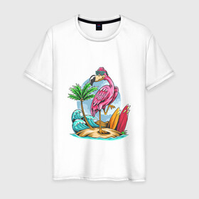 Мужская футболка хлопок с принтом Отдыхаю как фламинго в Тюмени, 100% хлопок | прямой крой, круглый вырез горловины, длина до линии бедер, слегка спущенное плечо. | море | океан | отдых | отпуск | пальмы | путешествие | серфинг | фламинго