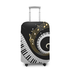 Чехол для чемодана 3D с принтом МУЗЫКАЛЬНЫЙ УЗОР в Тюмени, 86% полиэфир, 14% спандекс | двустороннее нанесение принта, прорези для ручек и колес | black and white | gold | music | notes | piano | звуки | золото | клавиши | красота | музыка | ноты | рояль | спираль | узор | черно белое