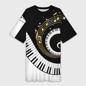 Платье-футболка 3D с принтом МУЗЫКАЛЬНЫЙ УЗОР в Тюмени,  |  | black and white | gold | music | notes | piano | звуки | золото | клавиши | красота | музыка | ноты | рояль | спираль | узор | черно белое