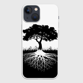 Чехол для iPhone 13 mini с принтом ДЕРЕВО ИНЬ ЯНЬ в Тюмени,  |  | blackwhite | evil | tree | дерево | добро | зло | инь янь | корни | лес | листья | природа | саванна | узор | черно белое