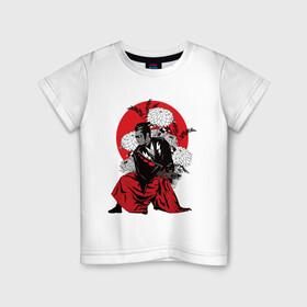 Детская футболка хлопок с принтом САМУРАЙ 007 в Тюмени, 100% хлопок | круглый вырез горловины, полуприлегающий силуэт, длина до линии бедер | Тематика изображения на принте: black | bond | flowers | japan | red | samurai | кимоно | костюм | меч | самурай | цветы | япония