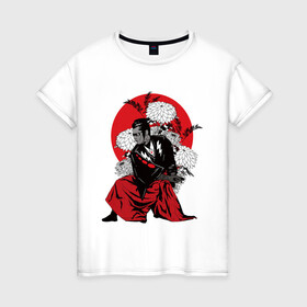 Женская футболка хлопок с принтом САМУРАЙ 007 в Тюмени, 100% хлопок | прямой крой, круглый вырез горловины, длина до линии бедер, слегка спущенное плечо | black | bond | flowers | japan | red | samurai | кимоно | костюм | меч | самурай | цветы | япония