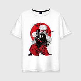 Женская футболка хлопок Oversize с принтом САМУРАЙ 007 в Тюмени, 100% хлопок | свободный крой, круглый ворот, спущенный рукав, длина до линии бедер
 | black | bond | flowers | japan | red | samurai | кимоно | костюм | меч | самурай | цветы | япония