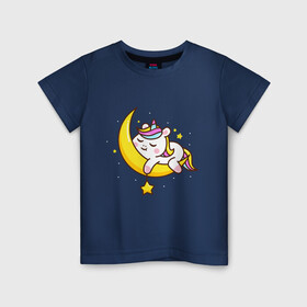 Детская футболка хлопок с принтом Милый единорог спит на луне в Тюмени, 100% хлопок | круглый вырез горловины, полуприлегающий силуэт, длина до линии бедер | Тематика изображения на принте: cute | funny | pony | rainbow | unicorn | единорог | единорожка | милый | пони | радуга