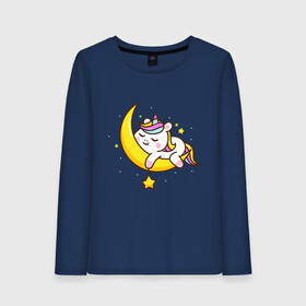 Женский лонгслив хлопок с принтом Милый единорог спит на луне в Тюмени, 100% хлопок |  | cute | funny | pony | rainbow | unicorn | единорог | единорожка | милый | пони | радуга