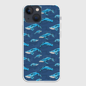 Чехол для iPhone 13 mini с принтом Киты на синем в Тюмени,  |  | Тематика изображения на принте: whale | кит | киты | море | на синем | паттерн