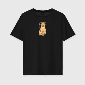 Женская футболка хлопок Oversize с принтом Serenity Cat в Тюмени, 100% хлопок | свободный крой, круглый ворот, спущенный рукав, длина до линии бедер
 | животное | звери | иероглифы | кот | кошка | надпись на японском | питомец | спокойствие