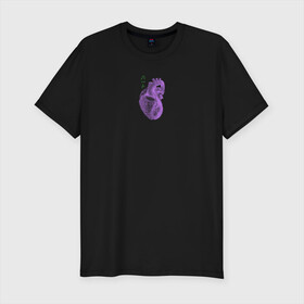 Мужская футболка хлопок Slim с принтом Purple heart в Тюмени, 92% хлопок, 8% лайкра | приталенный силуэт, круглый вырез ворота, длина до линии бедра, короткий рукав | Тематика изображения на принте: анатомия | иероглифы | надпись на японском | орган | сердце | человек