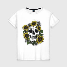 Женская футболка хлопок с принтом Мой стиль - подсолнух в Тюмени, 100% хлопок | прямой крой, круглый вырез горловины, длина до линии бедер, слегка спущенное плечо | skull | подсолнух | романтика | цветок | череп