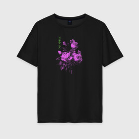 Женская футболка хлопок Oversize с принтом Purple flowers в Тюмени, 100% хлопок | свободный крой, круглый ворот, спущенный рукав, длина до линии бедер
 | flowers | иероглифы | надпись на японском | природа | растение | роза | цветочки | цветы