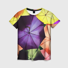 Женская футболка 3D с принтом Umbrellas в Тюмени, 100% полиэфир ( синтетическое хлопкоподобное полотно) | прямой крой, круглый вырез горловины, длина до линии бедер | abstraction | colorful | rainbow | umbrellas | зонты