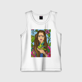 Детская майка хлопок с принтом Girl with bird in nature в Тюмени,  |  | bird | blue | flowers | girl | green | hippie | leaves | lemon | meditation | nature | pineapple | pink | relax | sky | summer | yellow | yoga | картина с девушкой и птичкой | тату