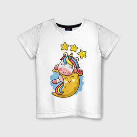 Детская футболка хлопок с принтом Единорог на луне в Тюмени, 100% хлопок | круглый вырез горловины, полуприлегающий силуэт, длина до линии бедер | cute | funny | moon | pony | rainbow | unicorn | единорог | единорожка | звездочки | луна | милый | пони | радуга