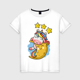 Женская футболка хлопок с принтом Единорог на луне в Тюмени, 100% хлопок | прямой крой, круглый вырез горловины, длина до линии бедер, слегка спущенное плечо | cute | funny | moon | pony | rainbow | unicorn | единорог | единорожка | звездочки | луна | милый | пони | радуга