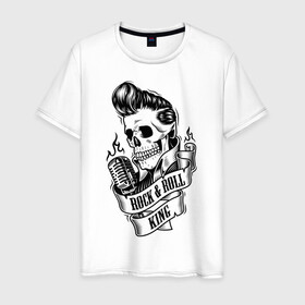 Мужская футболка хлопок с принтом Rock and Roll в Тюмени, 100% хлопок | прямой крой, круглый вырез горловины, длина до линии бедер, слегка спущенное плечо. | king | rock and roll | ирокез | микрофон | ретро стиль | череп
