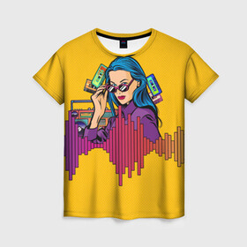 Женская футболка 3D с принтом Ретро Девушка 90-х Арт в Тюмени, 100% полиэфир ( синтетическое хлопкоподобное полотно) | прямой крой, круглый вырез горловины, длина до линии бедер | Тематика изображения на принте: 80 е | 90 е | art. | disco | girl | pop | purple | retro | yellow | бумбокс | в горошек | желтый | кассета | кассеты | лето | магнитофон | музыка | принт | фиолетовый | яркий