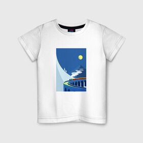 Детская футболка хлопок с принтом паровозик в Тюмени, 100% хлопок | круглый вырез горловины, полуприлегающий силуэт, длина до линии бедер | гора | минимализм | мостик | паровозик | синее небо | снег | солнышко