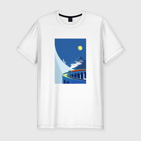 Мужская футболка хлопок Slim с принтом паровозик в Тюмени, 92% хлопок, 8% лайкра | приталенный силуэт, круглый вырез ворота, длина до линии бедра, короткий рукав | Тематика изображения на принте: гора | минимализм | мостик | паровозик | синее небо | снег | солнышко