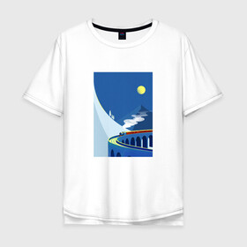Мужская футболка хлопок Oversize с принтом паровозик в Тюмени, 100% хлопок | свободный крой, круглый ворот, “спинка” длиннее передней части | гора | минимализм | мостик | паровозик | синее небо | снег | солнышко
