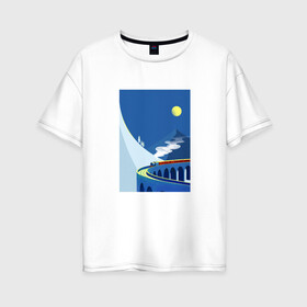Женская футболка хлопок Oversize с принтом паровозик в Тюмени, 100% хлопок | свободный крой, круглый ворот, спущенный рукав, длина до линии бедер
 | гора | минимализм | мостик | паровозик | синее небо | снег | солнышко