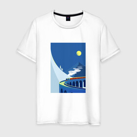Мужская футболка хлопок с принтом паровозик в Тюмени, 100% хлопок | прямой крой, круглый вырез горловины, длина до линии бедер, слегка спущенное плечо. | гора | минимализм | мостик | паровозик | синее небо | снег | солнышко