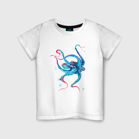 Детская футболка хлопок с принтом Осьминог акварель в Тюмени, 100% хлопок | круглый вырез горловины, полуприлегающий силуэт, длина до линии бедер | cute | octopus | акварель | милый | осьминог | осьминожка | тентакли