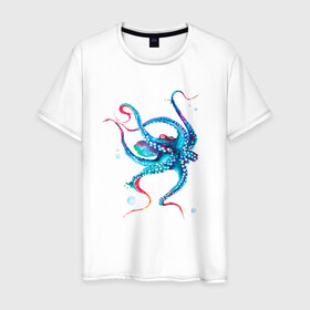 Мужская футболка хлопок с принтом Осьминог акварель в Тюмени, 100% хлопок | прямой крой, круглый вырез горловины, длина до линии бедер, слегка спущенное плечо. | Тематика изображения на принте: cute | octopus | акварель | милый | осьминог | осьминожка | тентакли