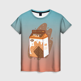 Женская футболка 3D с принтом Шоколадное молоко в коробке в Тюмени, 100% полиэфир ( синтетическое хлопкоподобное полотно) | прямой крой, круглый вырез горловины, длина до линии бедер | еда | коробка | молоко | молочко | персик | персиковое молоко