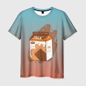 Мужская футболка 3D с принтом Шоколадное молоко в коробке в Тюмени, 100% полиэфир | прямой крой, круглый вырез горловины, длина до линии бедер | Тематика изображения на принте: еда | коробка | молоко | молочко | персик | персиковое молоко