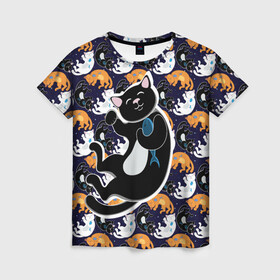 Женская футболка 3D с принтом Японские котики в Тюмени, 100% полиэфир ( синтетическое хлопкоподобное полотно) | прямой крой, круглый вырез горловины, длина до линии бедер | группа | животные | кот | кот с рыбой | котики | манэки нэко | манящий кот | чёрный кот | япония
