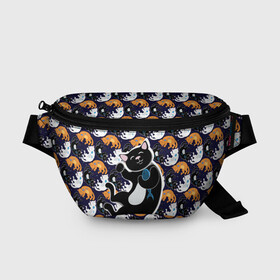 Поясная сумка 3D с принтом Японские котики в Тюмени, 100% полиэстер | плотная ткань, ремень с регулируемой длиной, внутри несколько карманов для мелочей, основное отделение и карман с обратной стороны сумки застегиваются на молнию | группа | животные | кот | кот с рыбой | котики | манэки нэко | манящий кот | чёрный кот | япония