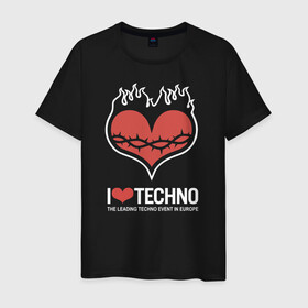 Мужская футболка хлопок с принтом I love techno в Тюмени, 100% хлопок | прямой крой, круглый вырез горловины, длина до линии бедер, слегка спущенное плечо. | Тематика изображения на принте: i love techno | love | techno | техно | я люблю техно