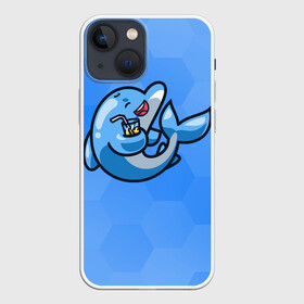 Чехол для iPhone 13 mini с принтом Дельфин с коктейлем в Тюмени,  |  | Тематика изображения на принте: dolphin | дельфин | коктейль | море | морские | на голубом | с дельфином