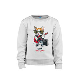 Детский свитшот хлопок с принтом КРУТОЙ КОТ ГИТАРИСТ в Тюмени, 100% хлопок | круглый вырез горловины, эластичные манжеты, пояс и воротник | and | cat | cats | cute | funny | guitar | heavy | kitten | kitty | meow | metal | music | n | pet | playing | rock | roll | star | гитара | гитарист | кот | котик | коты | кошка | кошки | крутой | музыка | рок