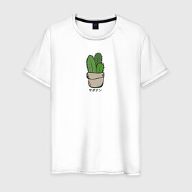 Мужская футболка хлопок с принтом Кактус в Тюмени, 100% хлопок | прямой крой, круглый вырез горловины, длина до линии бедер, слегка спущенное плечо. | иероглифы | кактус | надпись на японском | природа | растение | цветок