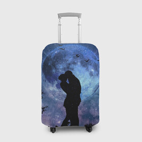 Чехол для чемодана 3D с принтом Влюбленные на фоне луны в Тюмени, 86% полиэфир, 14% спандекс | двустороннее нанесение принта, прорези для ручек и колес | влюбленные | двое | луна | любовь | ночь | объятия | романтика