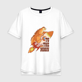 Мужская футболка хлопок Oversize с принтом TO THE MOON! (DOGIRA) в Тюмени, 100% хлопок | свободный крой, круглый ворот, “спинка” длиннее передней части | bitcoin | crypto | dogira | to the moon | альткоин | биткоин | динозавр | догира | криптовалюта | полёт к луне | ракета | ту зе мун
